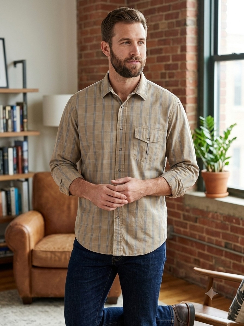 Men's Casual Tan Plaid Button-Down Shirt.   MS 21